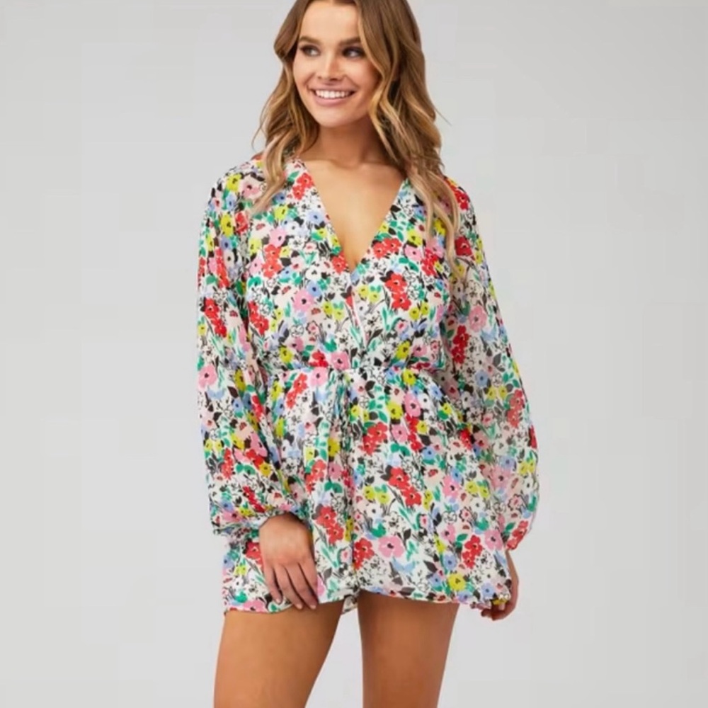 YUMI KIM | Naomi Romper in White Juniper V-Neck Long Sleeve Floral Print Sz. XS‎